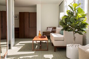 Una sala de estar moderna con sofá, una mesita de centro, una planta en maceta y un armario.