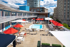 A rooftop pool area with multiple red umbrellas, lounge chairs, and a swimming pool. - Unscripted Durham (Durham)
