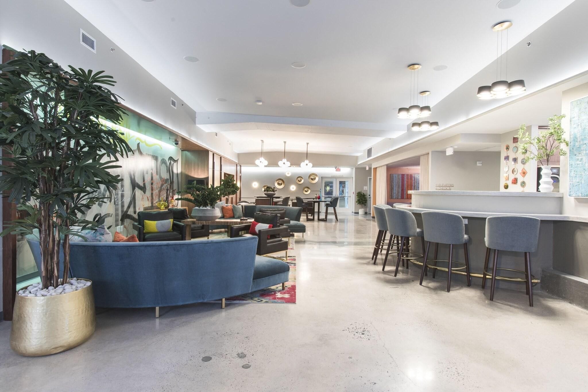 A spacious hotel lobby with a curved blue sofa, a bar area with stools, and a large potted plant.