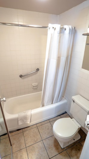 Une salle de bain avec une baignoire, des toilettes et un rideau de douche.