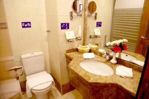 Une salle de bain équipée de toilettes, d’un lavabo et de miroirs. Des panneaux sur le mur indiquent les équipements disponibles.