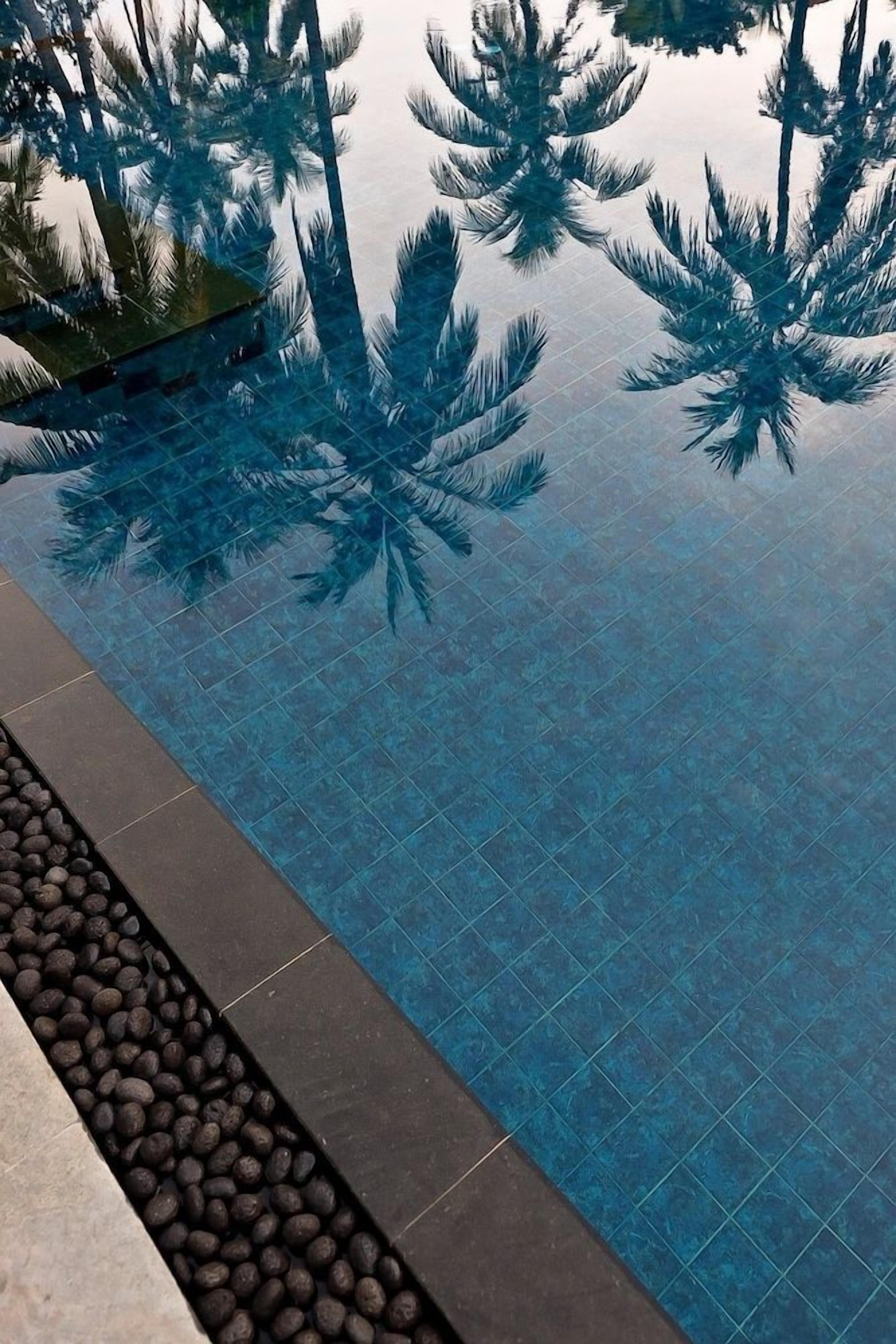 An infinity pool with palm tree reflections, surrounded by dark tiles and a pebble border.