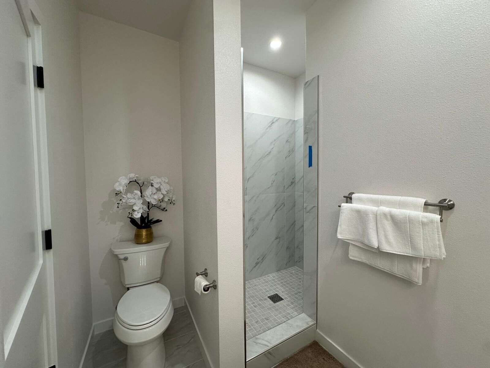 A bathroom with a toilet, a shower with a glass door, and a towel rack with towels.