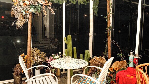 A round table with two chairs, a cactus, and a wooden structure with greenery. - Palette Georgetown Formerly WoW Hotel (George Town)