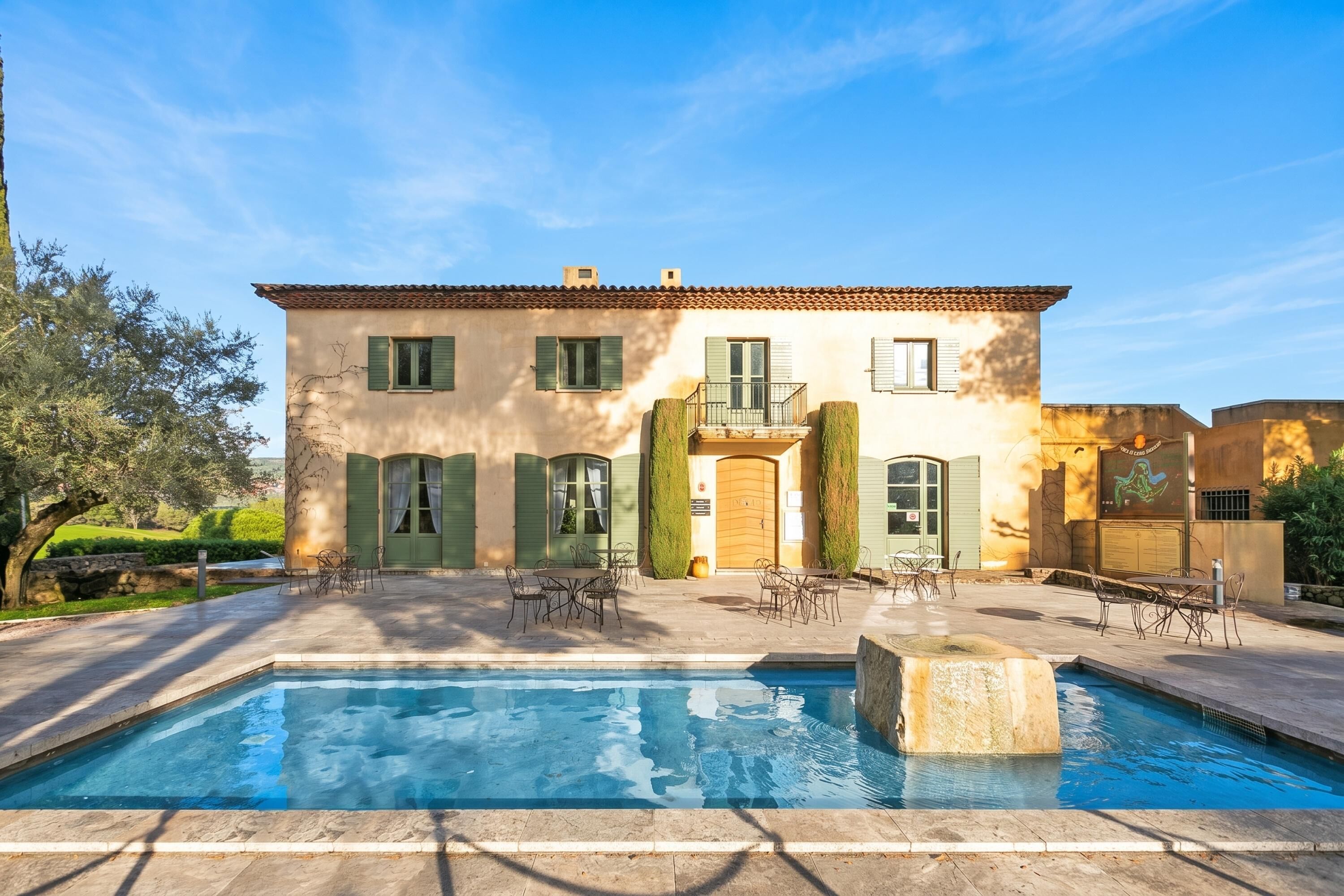 Une piscine agrémentée d’un élément décoratif en pierre, un bâtiment doté d’un balcon et du mobilier d’extérieur.