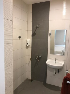 A modern bathroom with a shower, a sink, and a mirror.