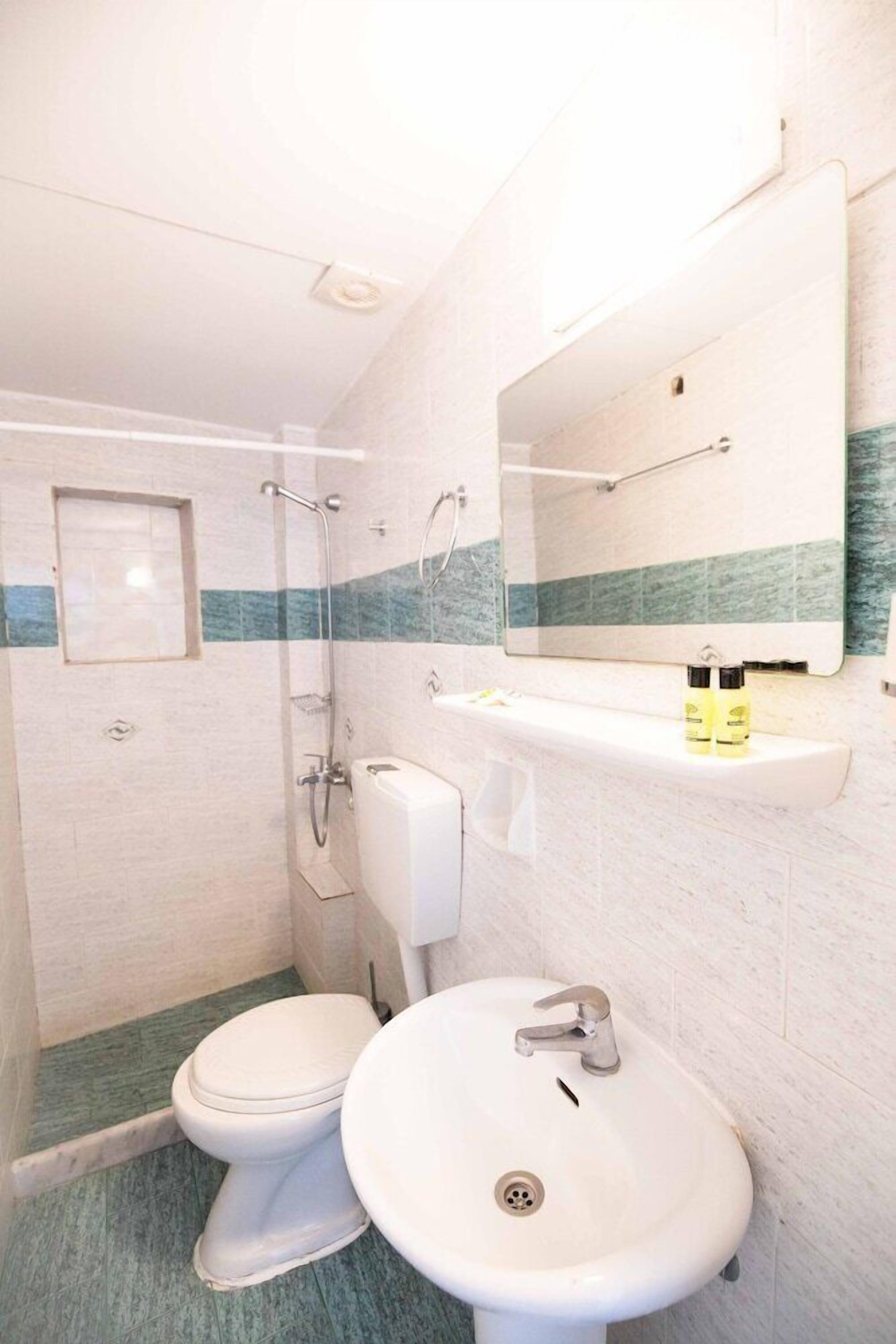 Une salle de bain avec douche, toilettes et lavabo.