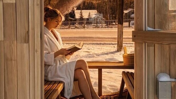 A wooden sauna with a bench and a bench seat, a person reading a book, and a view of a snowy landscape. - THE RED Lodge INN (Red Lodge)