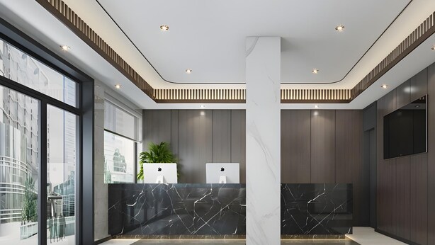 Un hall d’entrée moderne avec un comptoir d’accueil en marbre, de grandes fenêtres et un design minimaliste.