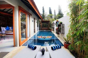 Una piscina privata con una barca, circondata da una zona relax coperta e piante in vaso.