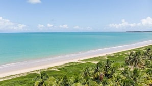 A beach with clear turquoise water, a sandy shore, and lush green vegetation. - Vila Gale Alagoas (Barra de Santo Antonio)