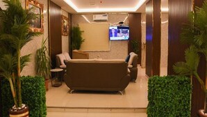 A lobby with a sofa, chairs, a TV, and potted plants. - Florida Inn Najran (Nejran)