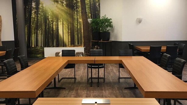 Un salón de conferencias con una mesa larga, sillas negras, una planta y un mural con motivos forestales en la pared.