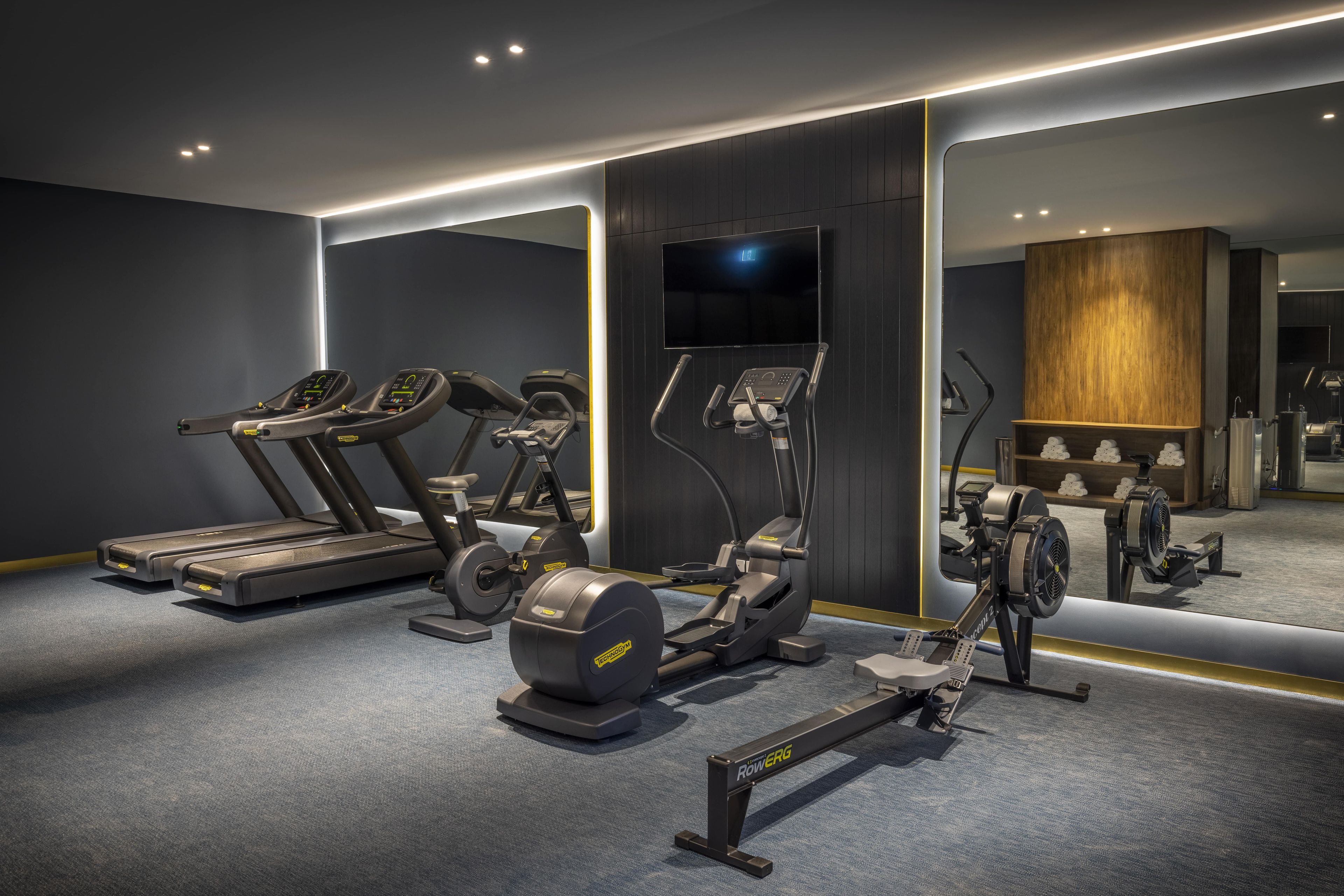 Un gimnasio moderno con cintas de correr, elípticas y máquinas de remo.