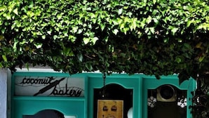 A teal door with a window and a sign that reads "coconut bakery."