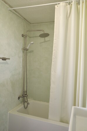 Hair dryer, towels, soap, shampoo