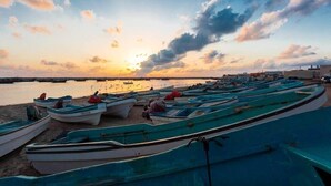Botes alineados en una playa al atardecer.