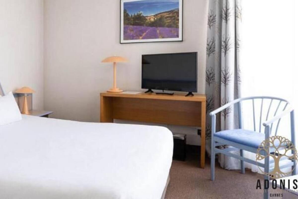 Une chambre d’hôtel avec un lit, un bureau avec une télévision, une chaise et un tableau au mur.