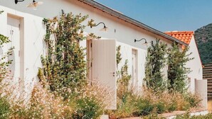A white building with multiple doors and windows, surrounded by greenery and plants. - Ventozelo Hotel (São João da Pesqueira)
