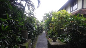 A narrow pathway flanked by lush greenery and stone walls, leading to a building with a tiled roof. - Bali Breeze Bungalows (Ubud)