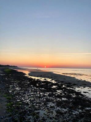 Une plage avec un coucher de soleil, un rivage rocheux et une mer calme.