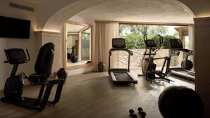 Une salle de sport à domicile équipée de matériel d’exercice, dotée d’un grand miroir et offrant une vue sur l’extérieur.