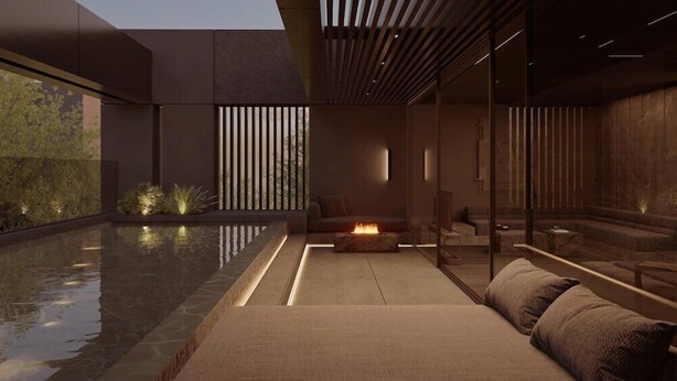 A modern outdoor living area with a fire feature, seating, and a reflective pool. - Nema Design Hotel and Spa - Adults Only (Hersonissos)