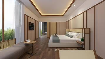 A modern bedroom with a large bed, a sitting area, and a view of greenery outside.