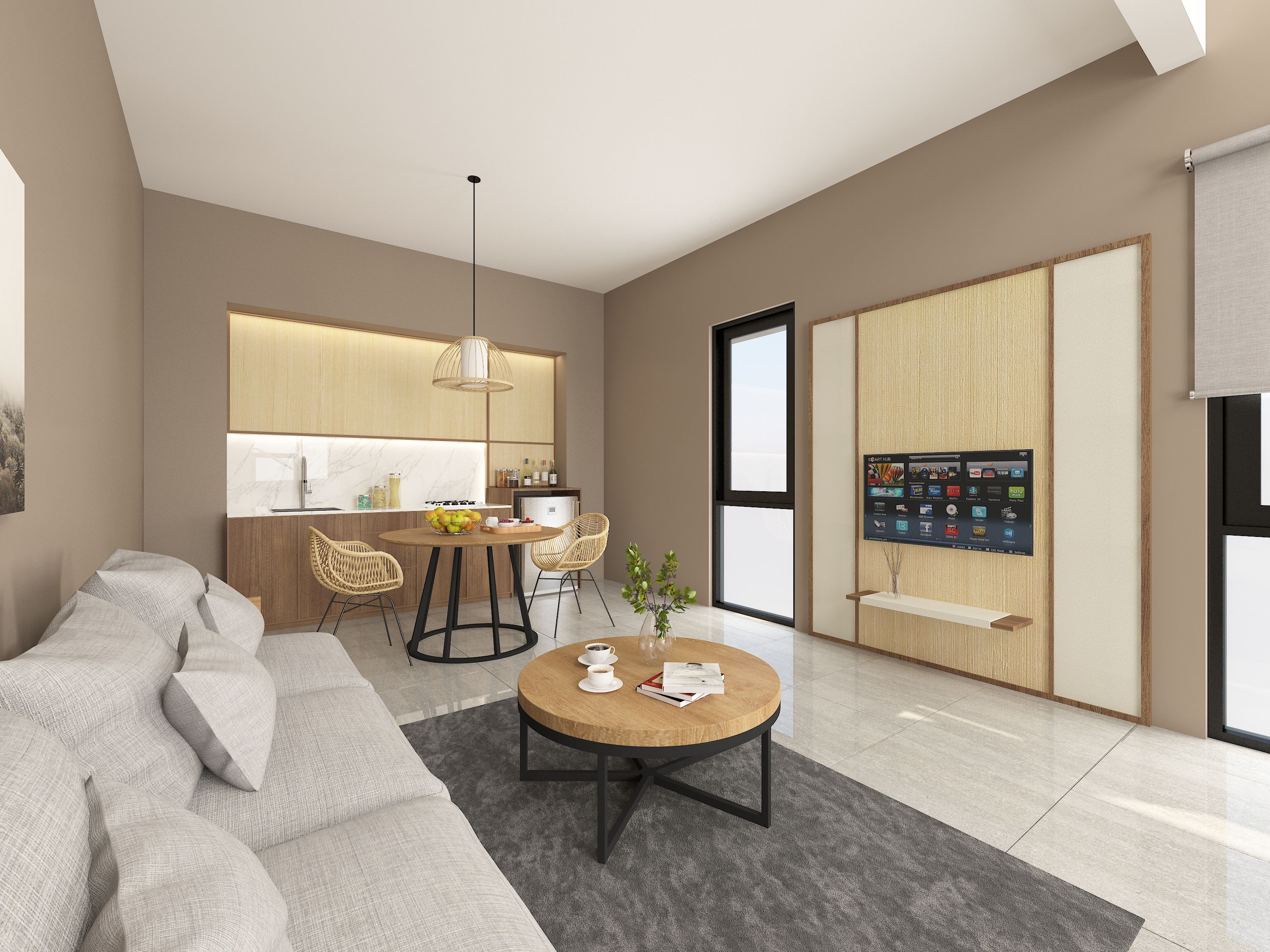 Een moderne woonkamer met een bank, een salontafel en een eethoek met stoelen, met een keuken op de achtergrond.
