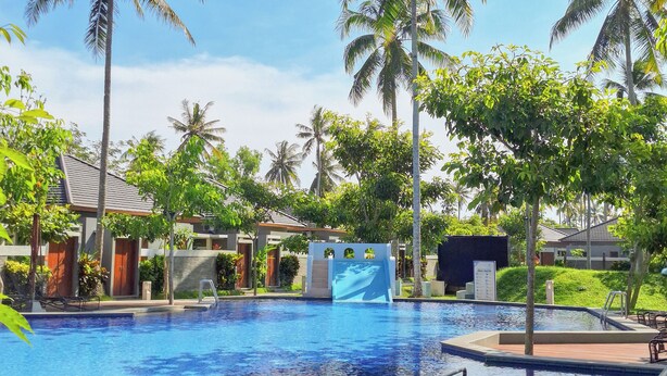 Una piscina con uno scivolo, circondata da palme e lettini.