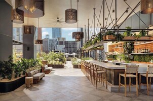 A modern bar area with a long counter, wooden chairs, and hanging plants.