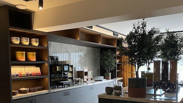 A modern kitchen with built-in shelves, a central island, and a large potted plant. - Hotel Gorinchem (Gorinchem)