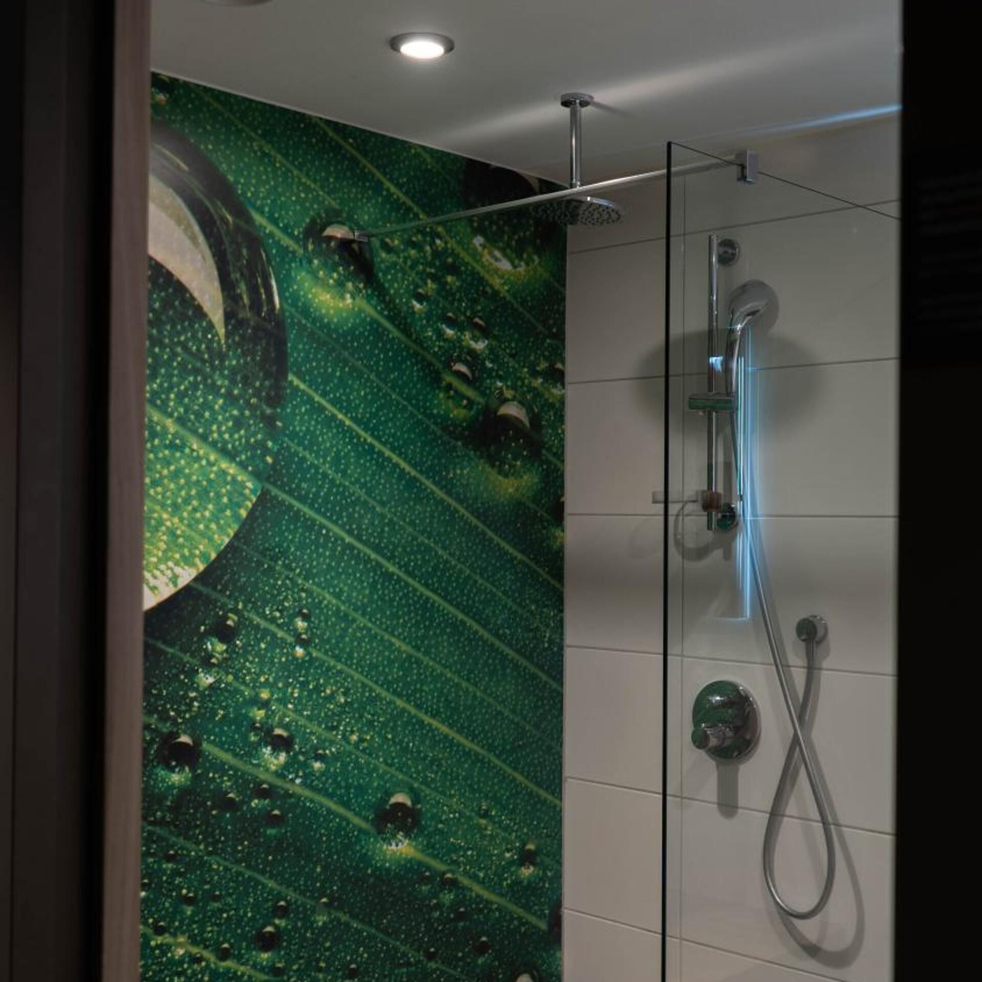 A shower with a glass enclosure and a rain-like wall mural.