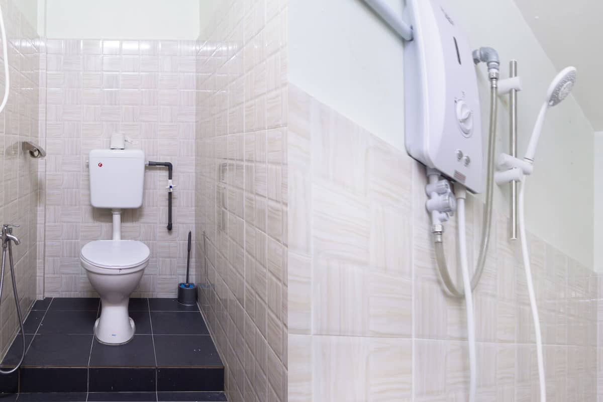 A bathroom with a toilet, a shower, and a wall-mounted toilet paper holder.
