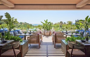 Un espace extérieur aménagé pour les repas, avec des tables et des chaises, des plantes en pot et une vue sur le paysage.