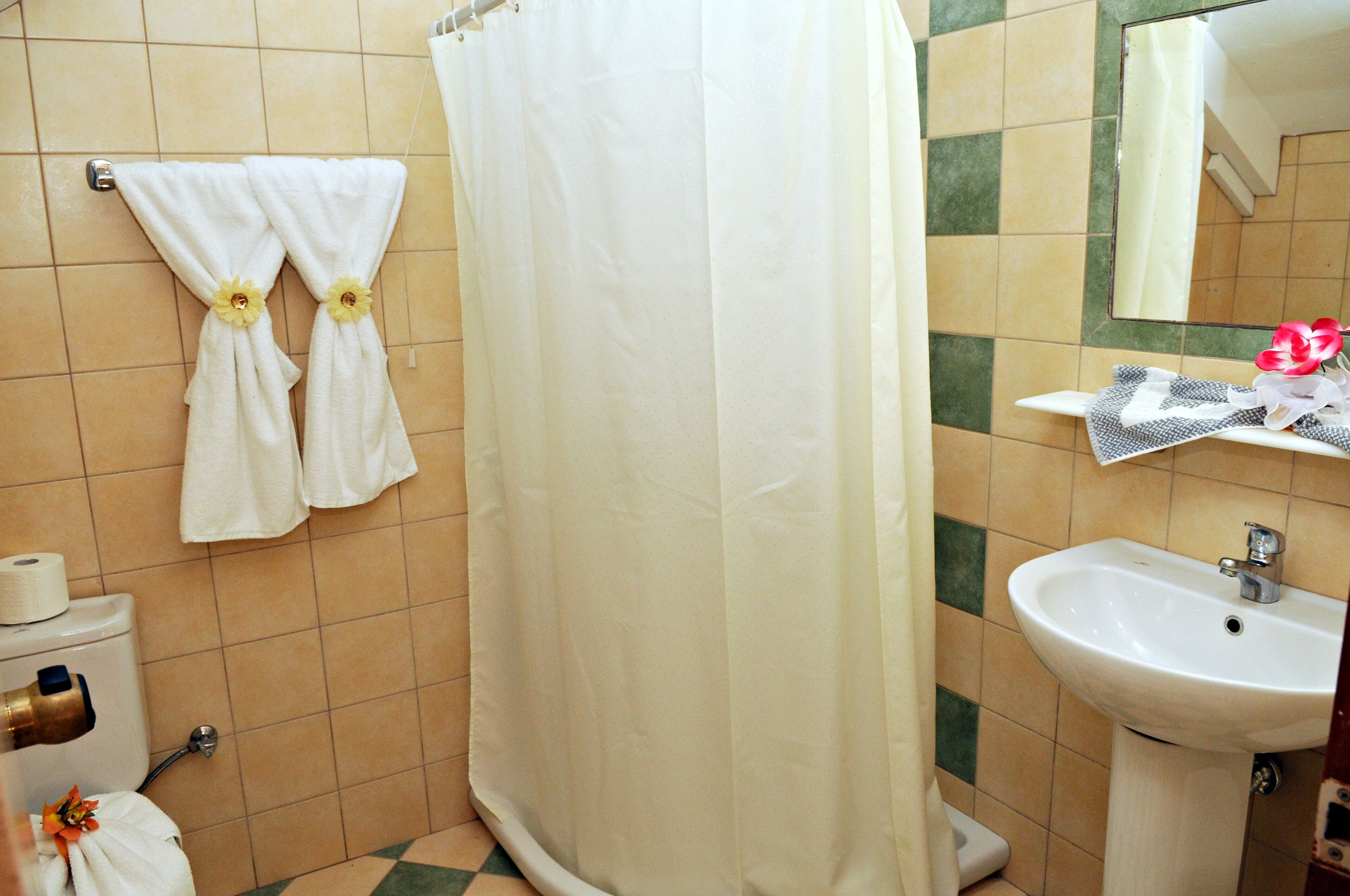 A bathroom with a toilet, sink, and shower curtain.