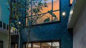 Un edificio moderno con un diseño exterior único en forma de escamas de pez, una entrada con puerta de vidrio y un patio con plantas y un camino de baldosas geométricas.