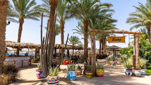A palm tree-lined pathway with a sign reading 'Luuma.' - Fort Arabesque The Villas (Makadi Bay)