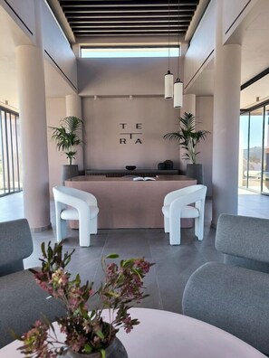 A modern reception area with a reception desk, two white chairs, a potted plant, and a view through large windows. - Tetra Resort and Spa (Kefalonia)