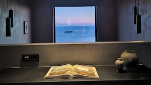 A modern room with a large window, a desk, a chair, and a vase. - Tetra Resort and Spa (Kefalonia)