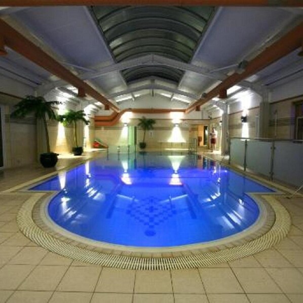 Une piscine intérieure avec un sol carrelé, un plafond incurvé et des plantes en pot.