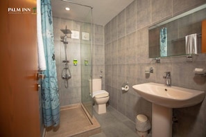 Une salle de bain moderne avec une douche à parois de verre, des toilettes et un lavabo.