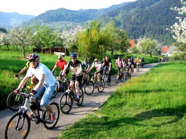 Un groupe de cyclistes sur une piste asphaltée, entouré de verdure et de collines.