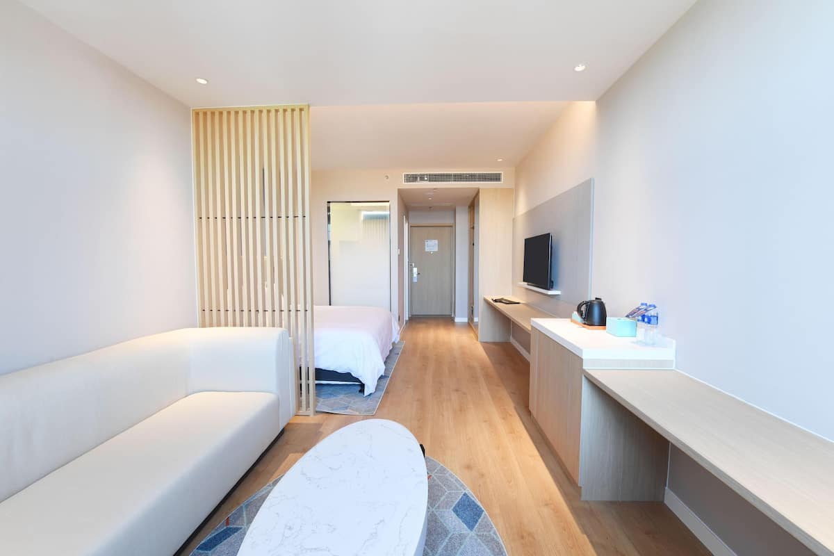 A modern hotel room with a sofa, a bed, a desk, and a television.