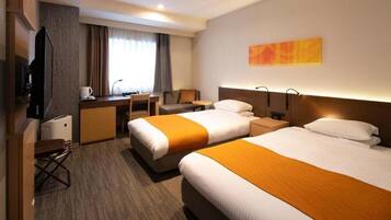 A hotel room with two beds, a desk, a chair, a television, and a painting on the wall.