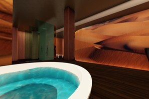 A spa room with a hot tub, wooden paneling, and a large wall mural. - Biancodonda Greenblu Hotel & Spa (Gallipoli)