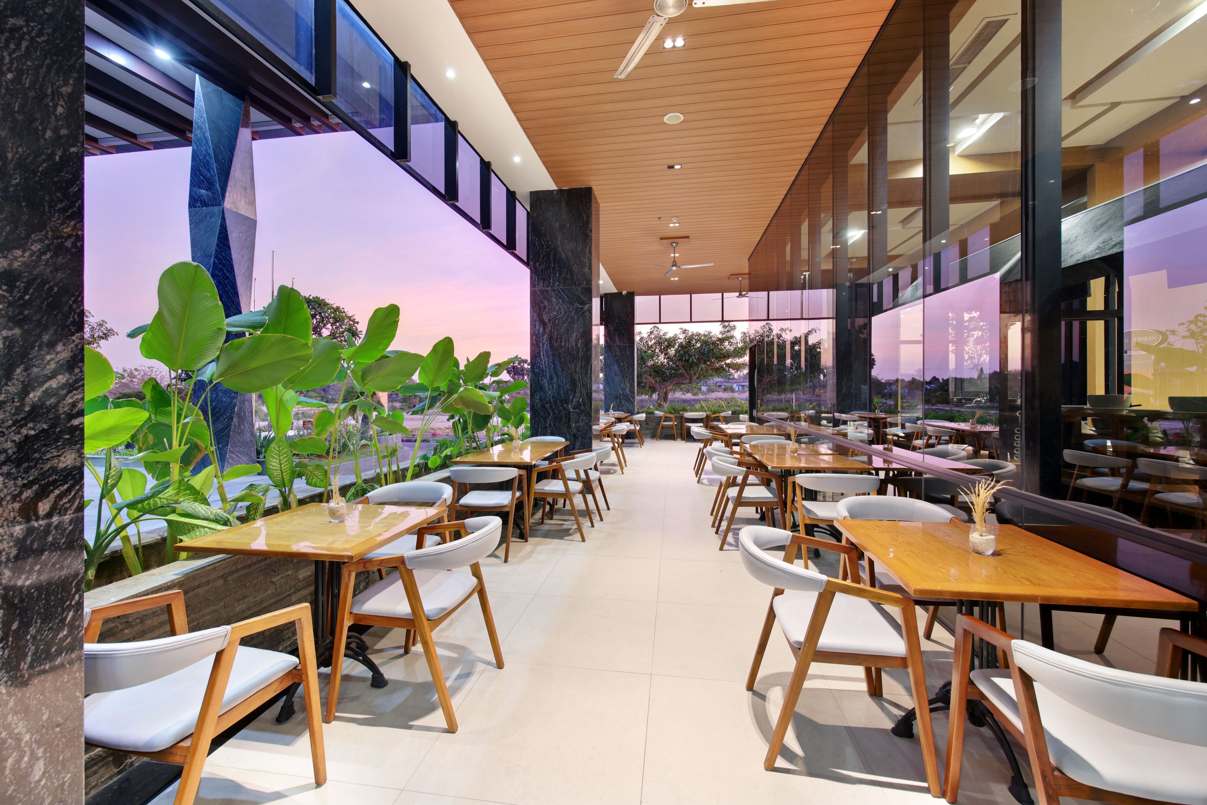Un comedor moderno con mesas y sillas de madera, ventanas amplias y plantas de interior.