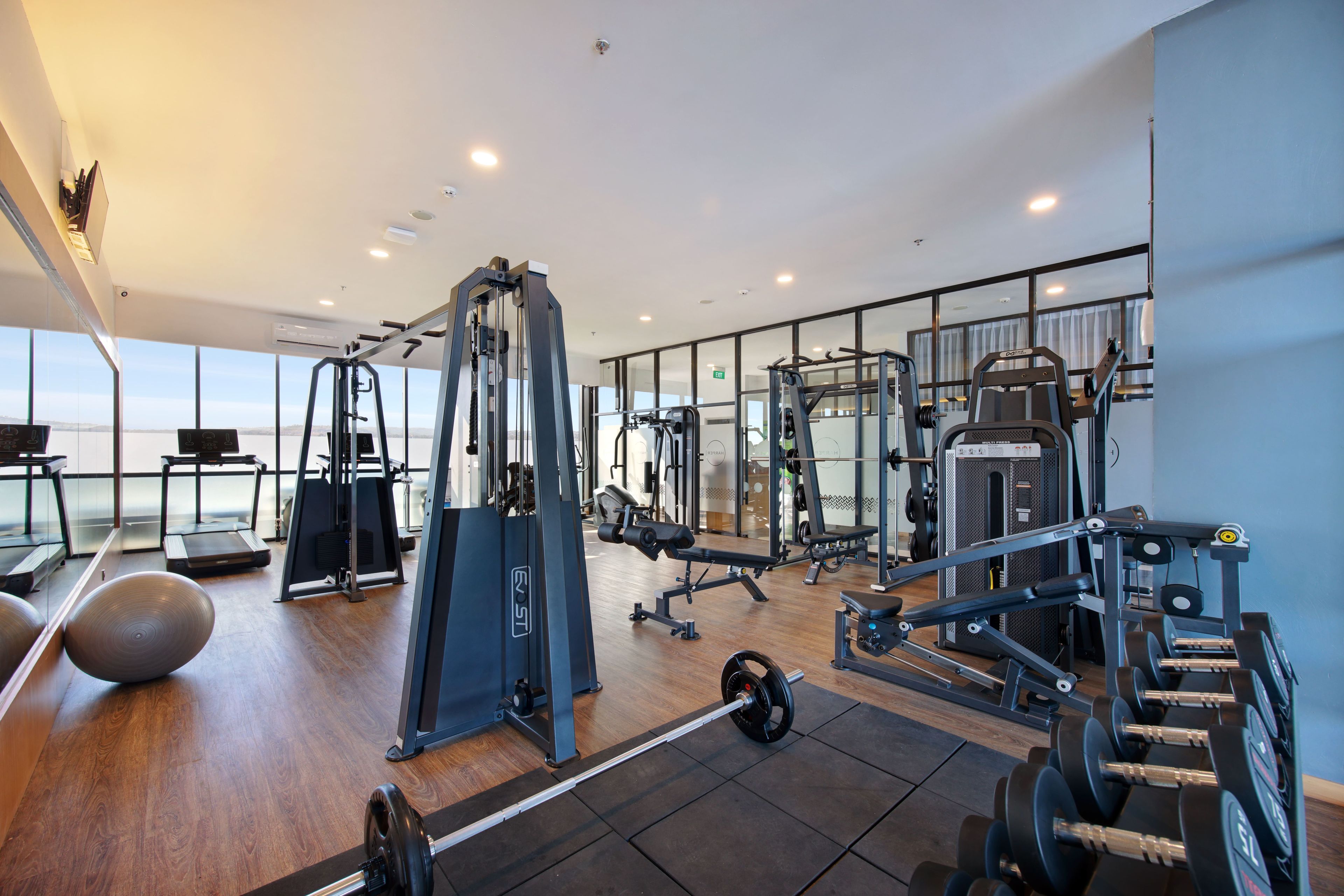 A modern gym with cardio machines, weightlifting equipment, and exercise balls.