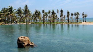 Una piscina cristalina con una roca al frente, rodeada de palmeras y una playa de arena.