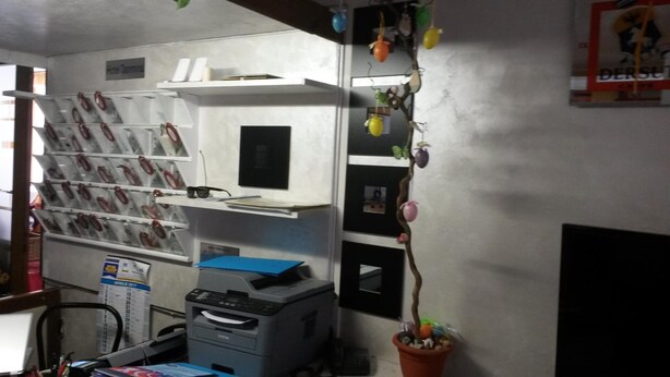 Une pièce comprenant un bureau, une imprimante et des étagères remplies de magazines.